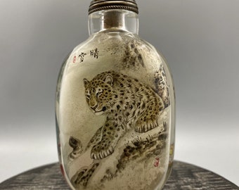 N1774 Alte Chinesische Peking Glas Innenmalerei Tiger Design Schnupftabak Flasche