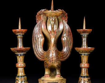 N1804 A Set Three Vintage Chinese Hetian Jade Carved Phoenix Candlesticks