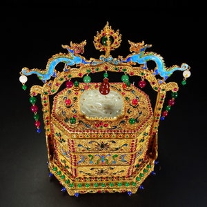 E8812 Exquisite Chinese Gold Wires Enamel Inlay Gem & Hetian Jade Food Box image 7