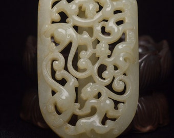 N1190 Vintage durchbrochene chinesische Hetian Jade geschnitzte Chi-Drachen-Gürtelschnalle