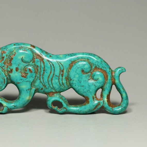 N1891 Vintage Chinese Turquoise Carved Tiger Pend… - image 4