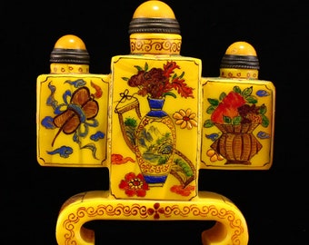 N1581 Vintage chinesische Vergoldete Goldgelbe Peking-Glas verbundene Schnupftabakflasche