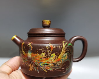 N1629 Chinesische Vergoldung Gold Yixing Zisha Ton Phoenix Design Teekanne w Künstler signiert