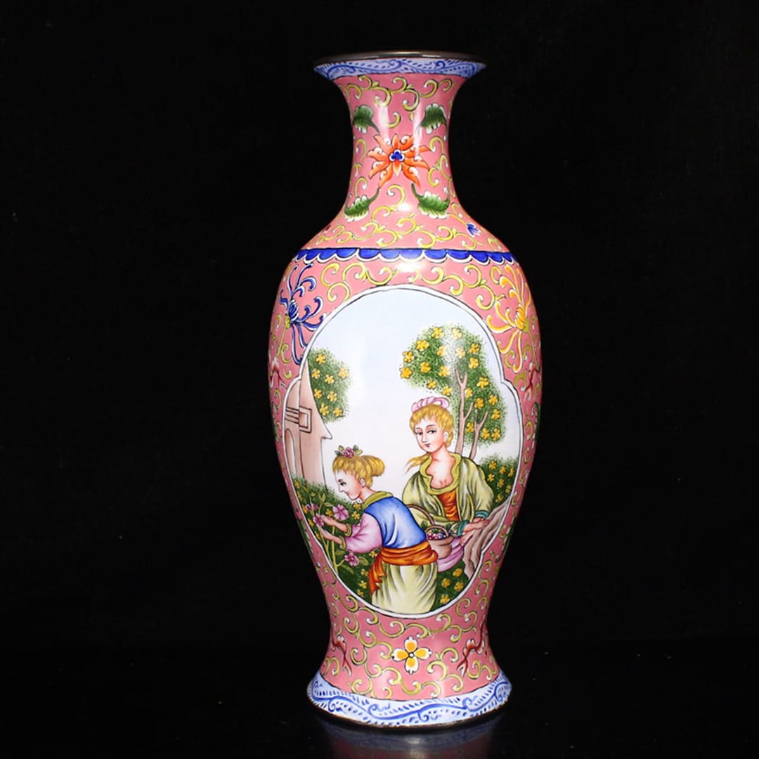 F0005 Vintage Chinese Copper Enamel Figure Design Vase W Etsy