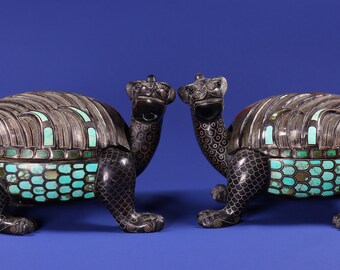 E7296 A Pair Vintage Chinese Gilt Gold-plated Silver Bronze Inlay Turquoise Dragon Turtle Incense Burner