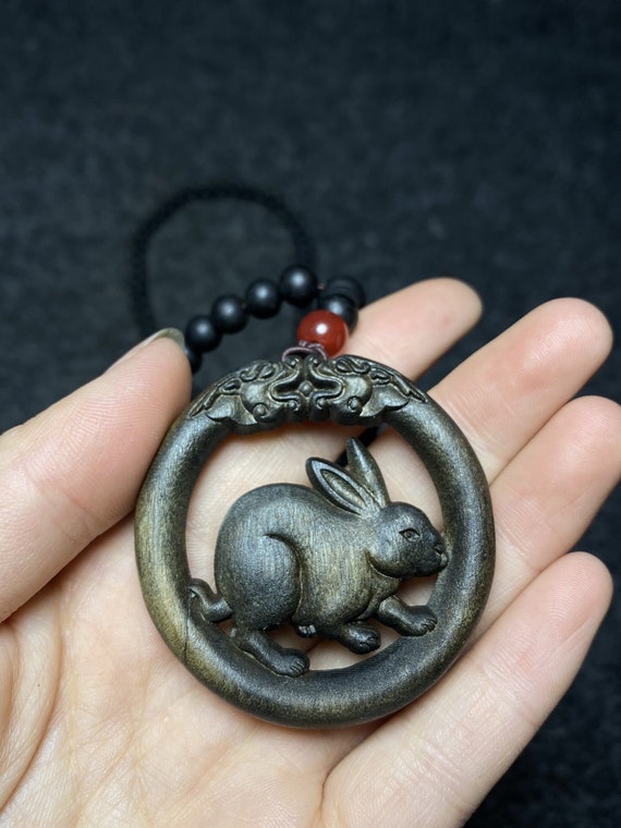 E7859 Chinese Chenxiang Wood Carved Rabbit Pendan… - image 6