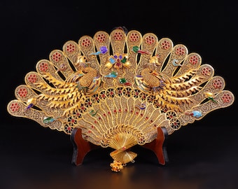 E1667 Exquisite Chinese Gold Wire Enamel Inlay Gem Double Phoenix Fan Statue