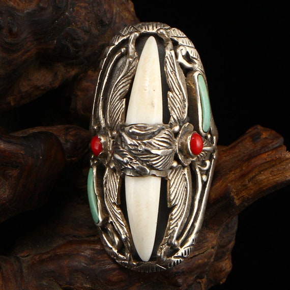 A6329 Chinese Pure Silver Inlay Turquoise & Coral… - image 5