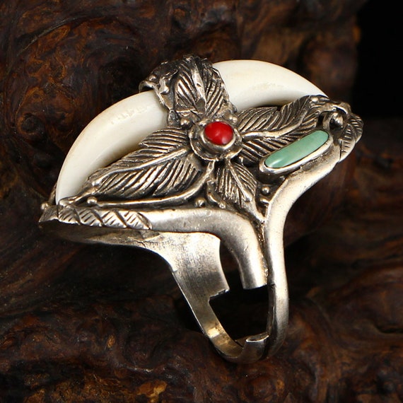 A6329 Chinese Pure Silver Inlay Turquoise & Coral… - image 2