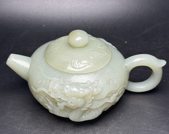 N1647 Chinese Natural Hetian Jade High Relief Fortune Dragon Teapot