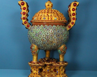 E7264 Vintage Chinese Gilt Gold Bronze Inlay Gem & Turquoise Double Ears 3 Legs Incense Burner w Base