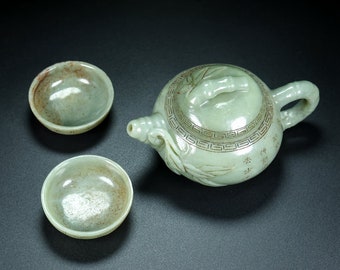 N0947 A Set Vintage Chinese Hetian Jade Low Relief Bamboo Poetic Prose Teapot & Cups