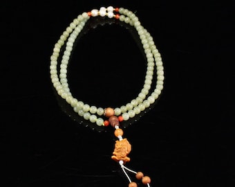 N0966 Beautiful Chinese Green Hetian Jade & Pearl,Wood Beads Necklace