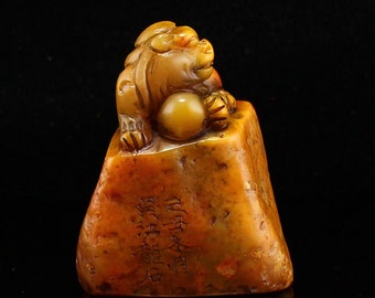 N1450 Vintage Chinese Shoushan Stone Carved Unicorn Seal