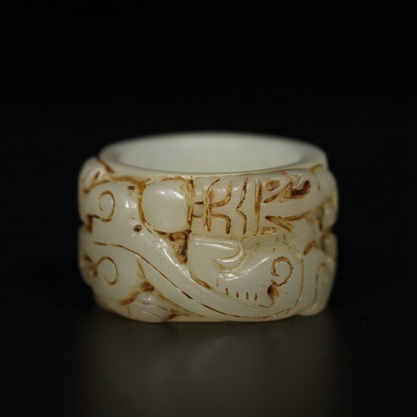 Bague de pouce vintage chinoise Hetian Jade N1046 en bas relief avec dragon, design dragon