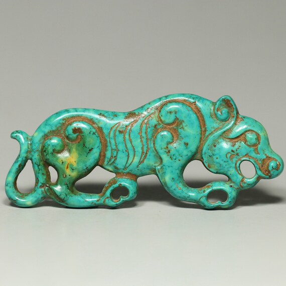 N1891 Vintage Chinese Turquoise Carved Tiger Pend… - image 9
