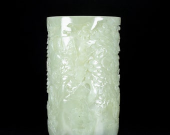 E7172 Superb Chinese White Hetian Jade High Relief Mountain River Scene Brush Pot