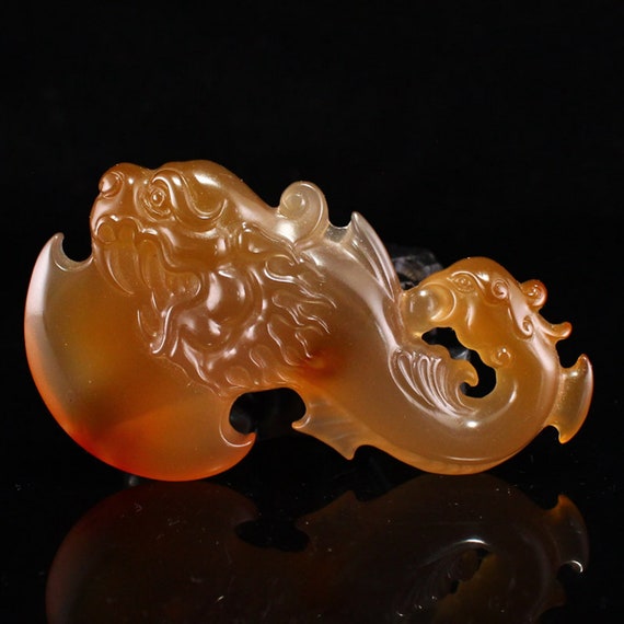 N1423 Chinese Agate Carved Dragon Phoenix Axe Pen… - image 1