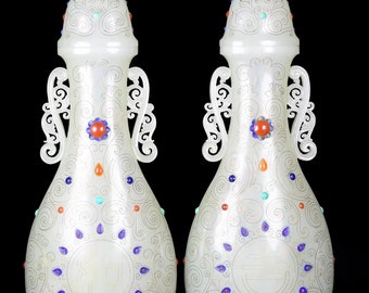 E7405 A Pair High Quality Chinese White Hetian Jade Inlay Gold/Silver Wires & Lapis Lazuli,Agate,Turquoise Vase