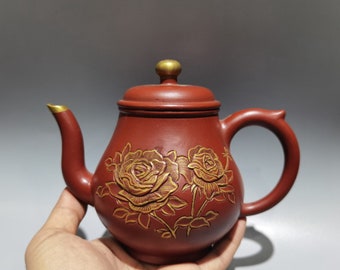 N1779 Chinese Gilt Gold Yixing Zisha Clay Low Rleief Flower Teapot w Artist Signed