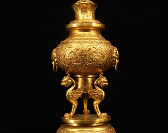 E7941 Chinese Gilt Gold Bronze Low Relief Dragon Design Beast Double Rings 3 Legs Incense Burner