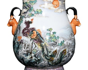 E8364 Superbe vase en porcelaine de Chine à double oreille, motif famille rose Phoenix, tête de cerf