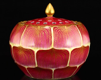 A6344 Chinese Gilt Gold Red Glaze Porcelain Lotus Pod Incense Burner w Qianlong Mark