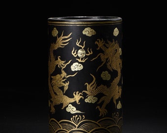 N1824 Chinese Gilt Gold Black Lacquerware Double Dragon Design Brush Pot