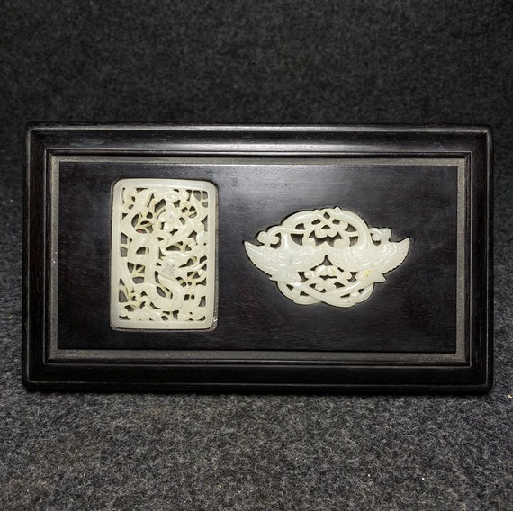 E8149 Vintage Chinese Zitan Wood Inlay White Jade… - image 1