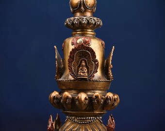 N1776 Vintage Chinese Gilt Gold Bronze Inlay Gem Pagoda Statue