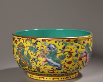 N1310 Chinese Gilt Edge Famille Rose Fortune Lion Design Porcelain Bowl