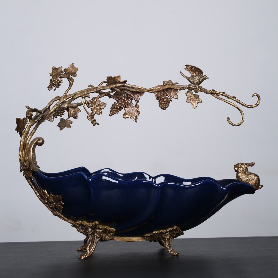 N2102 Vintage Chinese Brass Grape Vine Inlay Jilan Glaze Porcelain ...
