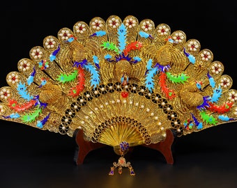 E9328 Exquisite Chinese Gold Wire Enamel Inlay Paerl & Gem Phoenix Fan Statue