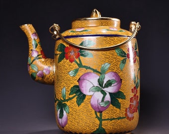 N1540 Chinese Gilt Gold Bronze Cloisonne Flower & Peach Design Handle Teapot