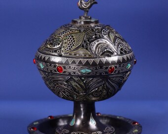 E7316 Vintage Chinese Gilt Gold-plated Silver Bronze Inlay Turquoise & Gem Phoenix Incense Burner