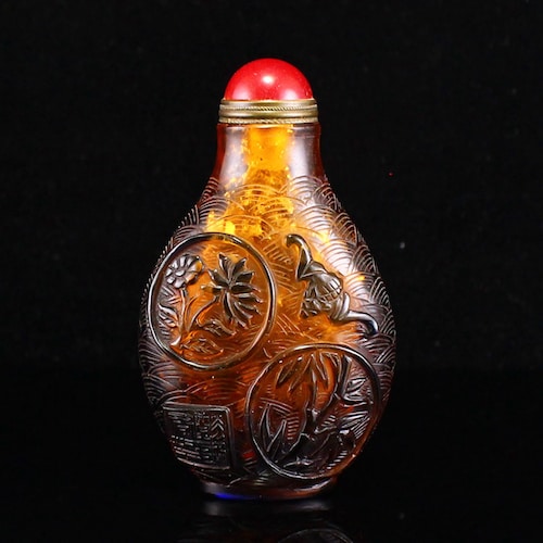 A4908 Vintage Chinese Peking Glass Low Relief popular Fortune Bat Design Snuff Bottle