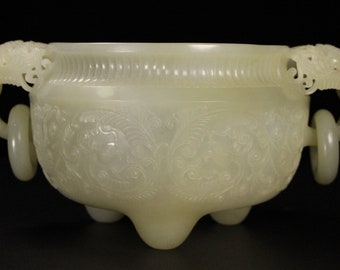 E9111 High Quality Chinese Hetian Jade Low Relief Phoenix Design Double Rings Incense Burner