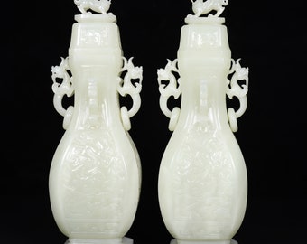 E7469 A Pair High Quality Chinese White Hetian Jade Carved Fortune Dragon Double Rings Bottle