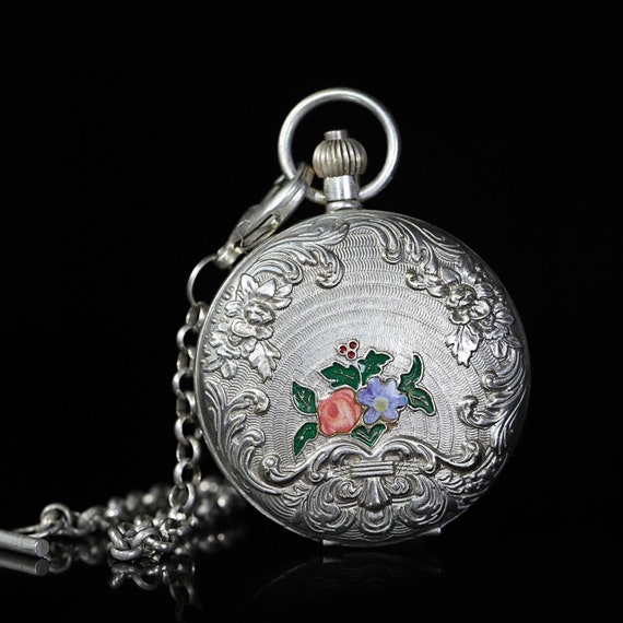 E9520 Vintage Silver Flower Design Machinery Pock… - image 1