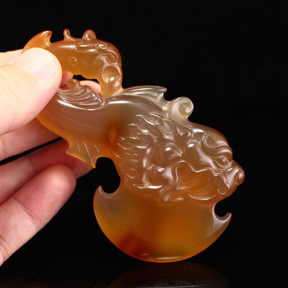 N1423 Chinese Agate Carved Dragon Phoenix Axe Pen… - image 9