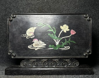 N1558 Vintage chinesischer Zitan-Holz-Intarsien-Muschel-Lotus-Blumen- und Mandarinen-Enten-Bildschirm