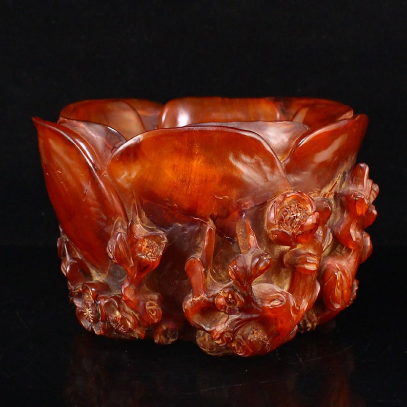 N556 Vintage Chinese Ox Horn Carved Plum Flower Style Cup