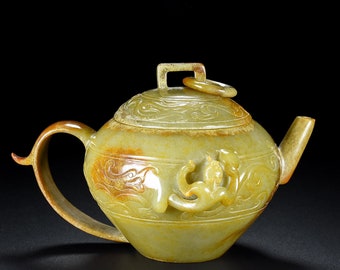 N1744 Vintage chinesische Hetian Jade Hochrelief Chi Dragon Teekanne