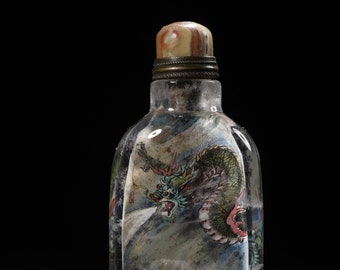 N1760 Old Chinese Crystal Inside Painting Dragon Design Snuff Bottle