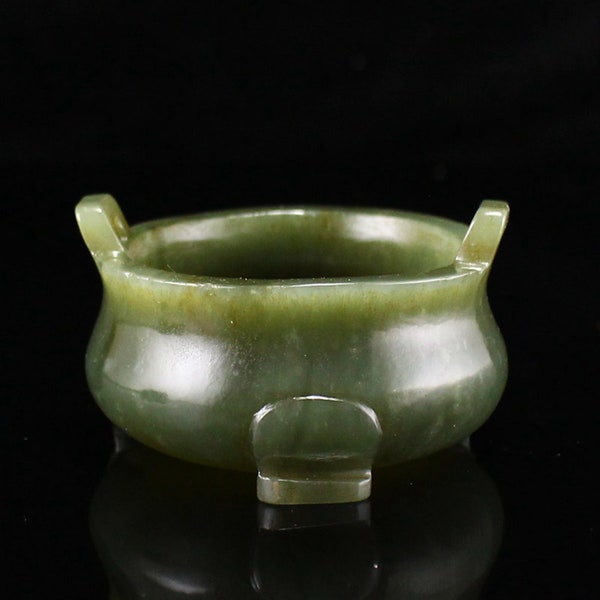 E8359 Chinese Natural Green Hetian Jade Carved Double Ears 3 Legs Incense Bruner