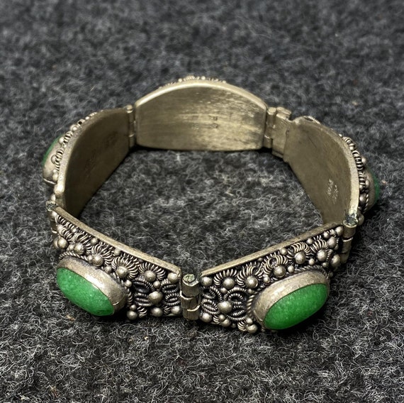 E7209 Old Chinese Silver Inlay Green Jade Bracelet - image 1