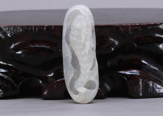 Chinese Hetian Jade Pendant w Worm & Fortune Bat - image 1