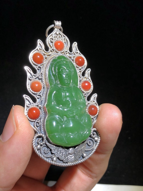 N0119 Chinese Pure Silver Inlay Green Hetian Jade… - image 2