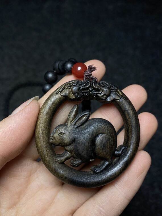 E7859 Chinese Chenxiang Wood Carved Rabbit Pendan… - image 5