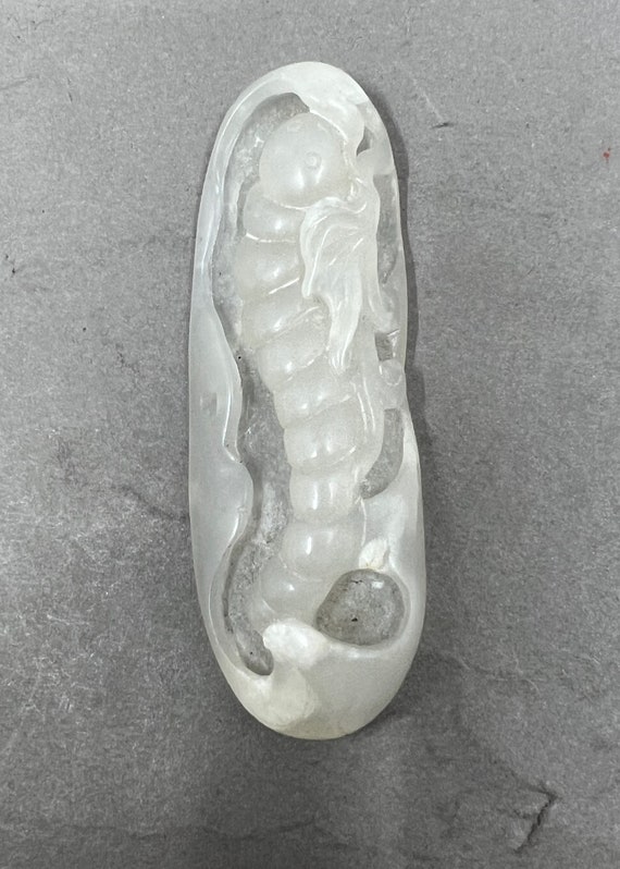 Chinese Hetian Jade Pendant w Worm & Fortune Bat - image 2